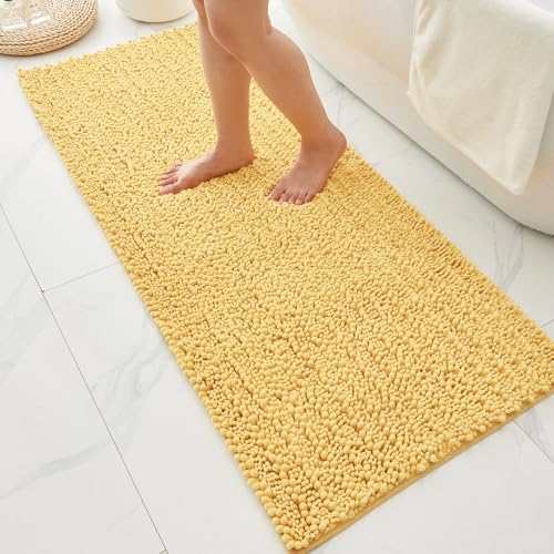Bathroom Rugs Non Slip Washable 55x24, Extra Thick Soft Chenille Absorbent Bath Mat, High Density Barrier Non Slip Backing, Quick Dry Plush Shaggy Floor Carpet for Tub&Shower, Yellow - color: Yellow, size: 55" X 24"(Bathroom Rug)