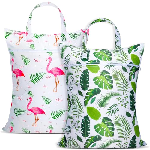 2 Pcs Large Travel Laundry Bags - Waterproof with Handle, Washable Dirty Clothes Bags for Travel, Wet/Dry Bag for Gym, Swimming Pool, College Dorm - color: Green Leaf +Flamingo
