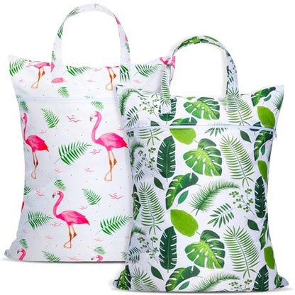 2 Pcs Large Travel Laundry Bags - Waterproof with Handle, Washable Dirty Clothes Bags for Travel, Wet/Dry Bag for Gym, Swimming Pool, College Dorm - color: Green Leaf +Flamingo