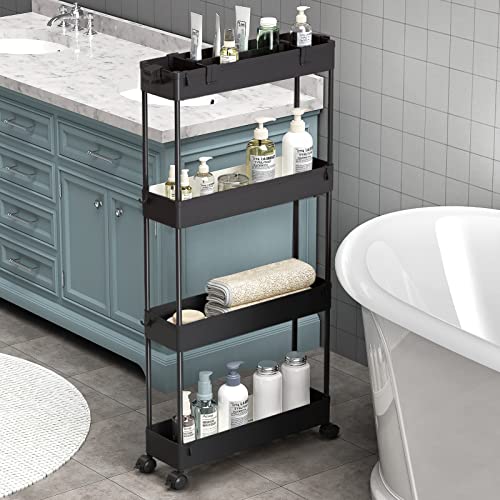 Slim Storage Cart 4 Tier,Bathroom Organizer Rolling Utility,Mobile Shelving Unit Slide Out for Office, Kitchen, Laundry Room & Narrow Places,Black - color: Black