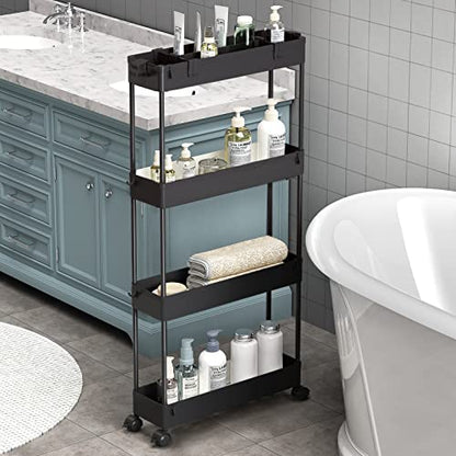Slim Storage Cart 4 Tier,Bathroom Organizer Rolling Utility,Mobile Shelving Unit Slide Out for Office, Kitchen, Laundry Room & Narrow Places,Black - color: Black