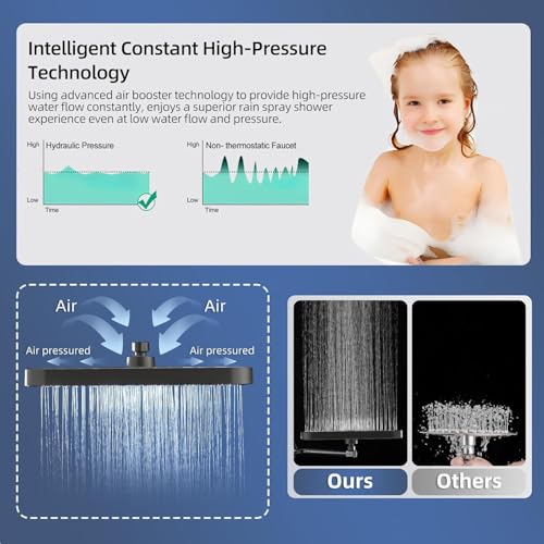 14" High Pressure Rain/Rainfall Shower Heads With Handheld Spray Combo (3+1 Settings & Built-in Power Wash Mode), Double/Dual Shower Head With Handheld - Height/Angle Adjustable(Matte Black) - color: Matte Black, size: 14 Inch