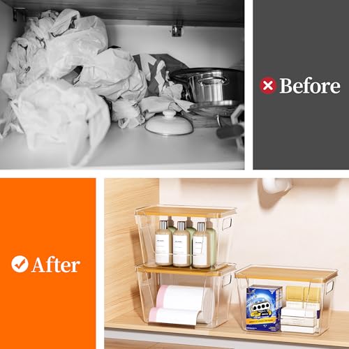 Delamu 3 Pack Trash Bag Dispenser, Stackable Garbage Bag Holder | Clear Acrylic Organizer Bins for Under Sink Organization, Pantry Storage, Cabinet, Kitchen, Laundry, Bathroom - size: XL-3 Pack