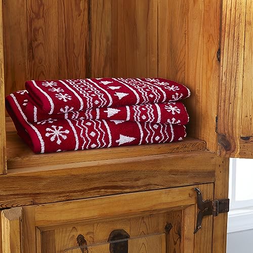 SKL Home Christmas/Winter Fair Isle Bath Towel, 100% Cotton Jacquard, Red | 500 GSM. Soft & absorbent terry with reversible pattern. Great for holiday gifting. - color: Fair Isle, style: Bath Towel