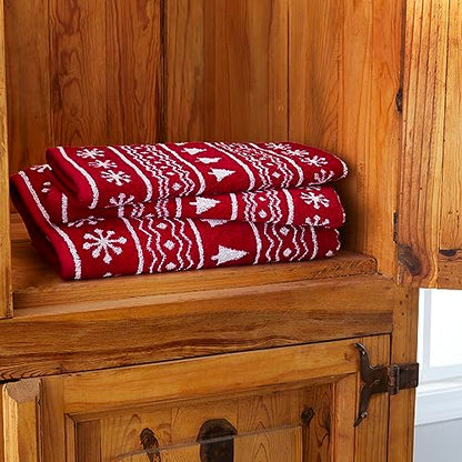 SKL Home Christmas/Winter Fair Isle Bath Towel, 100% Cotton Jacquard, Red | 500 GSM. Soft & absorbent terry with reversible pattern. Great for holiday gifting. - color: Fair Isle, style: Bath Towel
