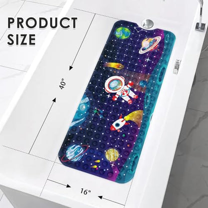 Bath Mat for Tub, Space Astronaut, 40 X 16 Inch, for Kids | Sun Moon Earth Extra Long Baby Toddler Bathtub Non Slip Shower with Suction Cups and Drain Holes - color: Multicolor