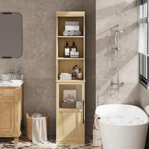 Tall Narrow Entryway Storage Cabinet with Glass Door & Open Shelves – Freestanding Organizer for Bathroom, Laundry, Kitchen, Living Room – 70 Inch Slim Linen Tower – Wood Color