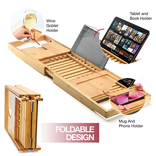 Luxury Foldable Bathtub Tray Caddy - Waterproof Wood Bath Tray for Tub, Expandable Size Fits Most Tubs, Bathroom Accessories for New Home & Mothers, Birthday Gifts for Mom