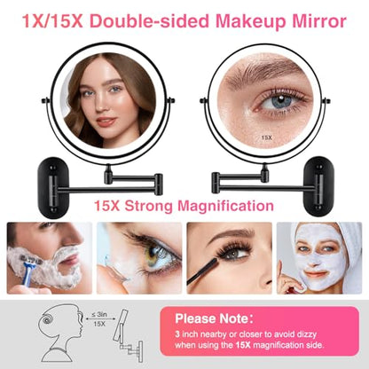 Magnifying Mirror with Lights 1x/15x Rechargeable | 8.5 inch Wall Mounted Lighted Makeup Mirror for Bathroom - color: Black