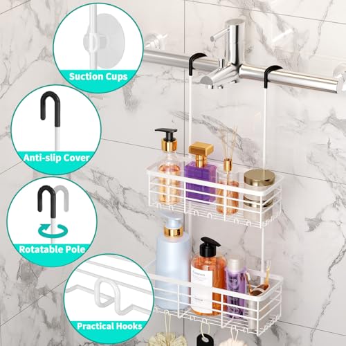 HapiRm Hanging Shower Caddy Organizer - No Drilling Shower Organizer with Hooks, Rustproof & Waterproof 304 Stainless Steel Bathroom Shelves - White - color: White