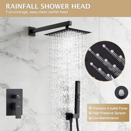 Rain Shower System, 8''Square Rain Head,2-Spray Handheld, Matte Black | 2 Spray Functions,Anti-Tangle Explosion-proof PVD Hose,Balance Temp Valve,Rust-proof & Scratch-resistant - color: Matte Black, size: 8 Inch