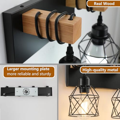 Farmhouse Vanity Light Fixture,5-Light Bathroom Lighting,Black Industrial Wood Wall Light Over Mirror with Metal Shade,LED Bulbs Not Included - color: Black, size: 5-Light-Wide 35"