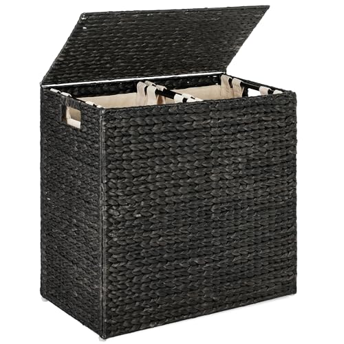 Best Choice Products Large Double Laundry Hamper with Lid, Natural Handwoven Water Hyacinth, 2 Sections w/ 2 Machine Washable Linen Liner Bags, Portable, Handles - Black - color: Black