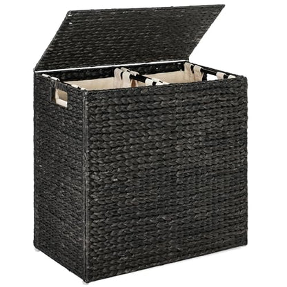 Best Choice Products Large Double Laundry Hamper with Lid, Natural Handwoven Water Hyacinth, 2 Sections w/ 2 Machine Washable Linen Liner Bags, Portable, Handles - Black - color: Black