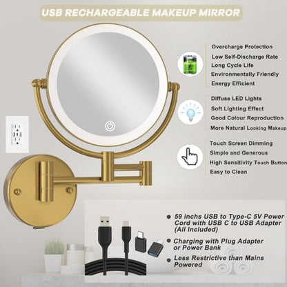 Wall Mounted Lighted Makeup Mirror with Magnification Rechargeable | 1X/10X Bathroom 2 Sided Vanity, 360 Rotation Retractable Swing Arm, Upgraded 3 Color LED & Brighter, Brushed Moderne Brass - color: Brushed Moderne Brass
