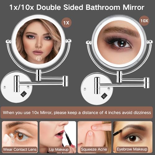 Wall Mounted Makeup Mirror with Magnification, 8" 1X/10X Magnifying Mirror Wall Mounted for Bathroom, 3 Color Light, Touch Dimmable, 360° Swivel, Extendable Arm, 2-Sided, Plug-in & Hardwire