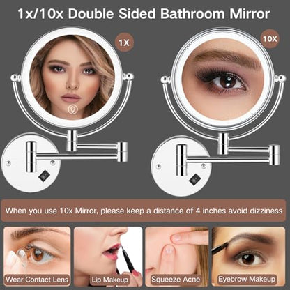 Wall Mounted Makeup Mirror with Magnification, 8" 1X/10X Magnifying Mirror Wall Mounted for Bathroom, 3 Color Light, Touch Dimmable, 360° Swivel, Extendable Arm, 2-Sided, Plug-in & Hardwire