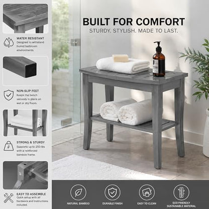 Bamboo Shower Bench, Gray Bathroom Wooden Stool Chair Seat with Storage | Compact 9 x 17 x 17 In, Great for Small Bathrooms, Non Slip Feet, Storage Shelf, Concave Seat, Holds Up to 250 lbs - color: Grey Standard