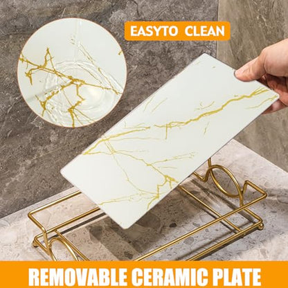 Large Bathroom Vanity Tray White Gold Glass Counter Organizer | 12.6” Glass Handled Tray with Metal Frame, for Perfume, Skincare, Kitchen Counter, Coffee Bar, Entryway & Vanity - color: White Gold-large