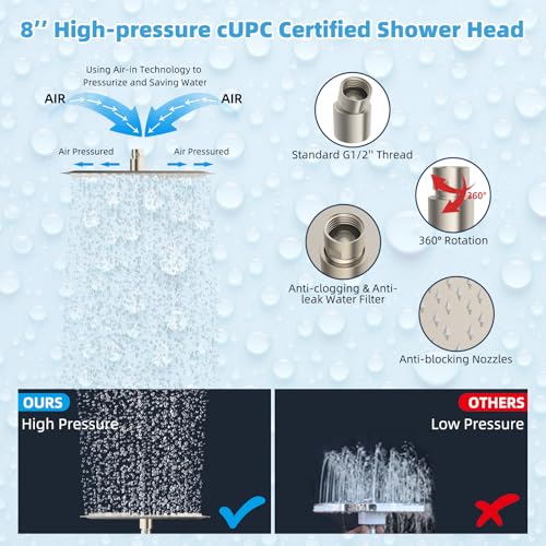 Hibbent All Metal CUPC Certified 8'' Rainfall Shower Head, Dual Shower Head Combo, High Pressure Handheld 4 Sprays Shower Wand, 16'' Adjustable Extension Arm, 71'' Hose, Shower Holder, Brushed Nickel - color: Brushed Nickel, style: Square 8''
