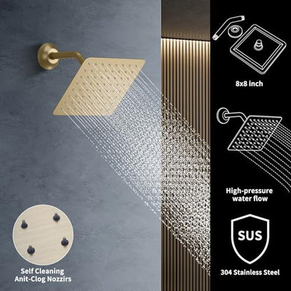 Shower Faucet Set Ceiling 20x14 inch LED Shower Head, Temperature Display Thermostatic Shower Valve, and Two 8-inch Wall Mounted Shower Heads Handheld Combination (Brushed Gold) - color: Brushed Gold