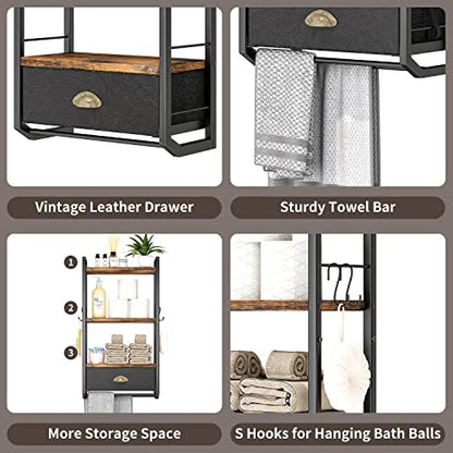 Bathroom Storage Organizer Wall Mounted, 3 Tier Bathroom Towel Rack Shelf with Storage Drawer Double Towel Bars and Hooks, Industrial Bathroom Shelves Over Toilet, Rustic Black and Brown (A)