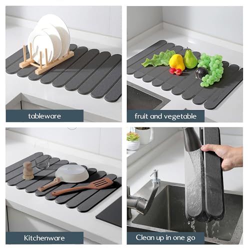 24"×16" Grey Stone Dish Drying Mats for Kitchen Counter, Large Quick Dry Collapsible Eco-Friendly Super Absorbent Diatomaceous Earth Heat-resistant Mat for Dishes Bottles Cups, Match Any Countertop - color: Dark Grey