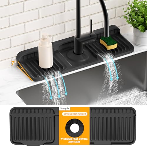 14.6 inch Faucet Mat for Kitchen Sink Splash Guard[7° Slope Fast Self-draining][Snap Lock Fit]Kitchen Sink Faucet Mat Splash Guard Kitchen Sink Area Water Splash Guard Behind Faucet Draining Mat - color: Black, size: 14.6" x 5.5"