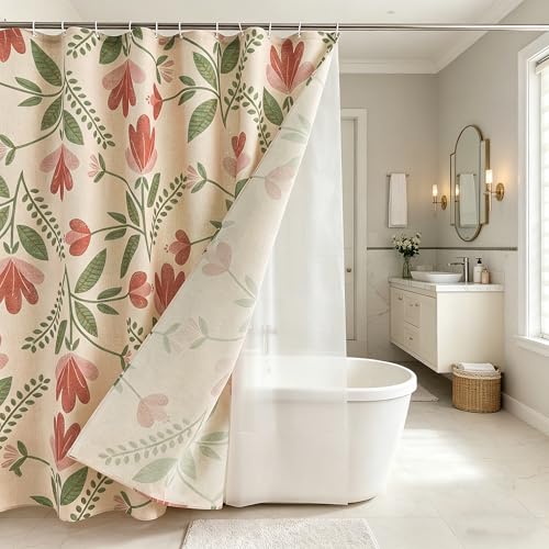 Pink Tulip Floral Linen Shower Curtain Set with Liner,72" Wx72 L | Double Layer Shower Curtain Waterproof Fabric with Zippered Removable PEVA Liner,Boho Shower Curtain for Bathroom,Free Hooks - color: Pink Tulip