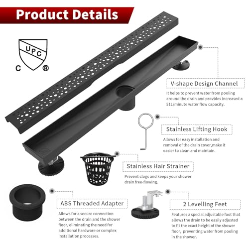 Sharp-tec Shower Drain, 32 inch Linear Shower Drain, Matte Black 304 Stainless Steel Rectangular Shower Floor Drain with Adjustable Leveling Feet, Hair Strainer, cUPC Certified, ST-099-32B - color: Matte Black, size: 32 inch