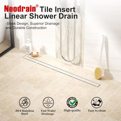 Neodrain 48-Inch Linear Shower Drain-Brushed,with Tile Insert Grate | 304 Stainless Steel, Fast Drainage, Rectangle Shower Floor Drain with Leveling Feet & Hair Strainer, Fits Bathroom, Balcony - color: Brushed, size: 48 IN