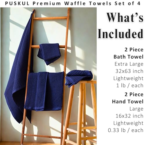 PÜSKÜL Natural 100% Turkish Cotton Waffle Towels Set of 4-Piece, Navy Blue | 2-Bath sheet (Extra-large 32x63") and 2-Hand towel (Large 32x16"). Premium honeycomb-waffle weave, oeko-tex made in Turkiye. - color: Navy Blue