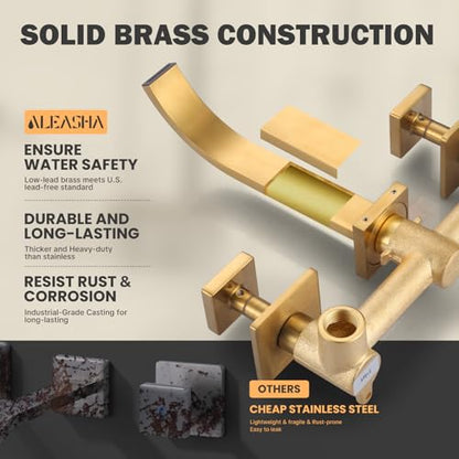 ALEASHA Wall Mounted Bathroom Sink Faucet, Brushed Gold Bathroom Faucet | Waterfall Bathroom Sink Faucet with Two Handles, Controllable Heat and Cold, Solid Brass Wall-Mount Washroom Faucets - color: Brushed Gold
