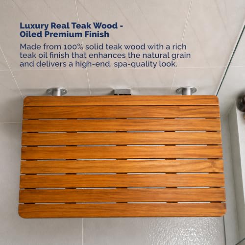 Teak Folding Shower Bench – ADA Compliant Fold Up Shower Chair for Elderly and Disabled, Wall Mounted Folding Seat, 400 lb Capacity Foldable Teak Wood Bath Bench, Stainless Steel Hardware - 18 Inches - size: 18 Inches