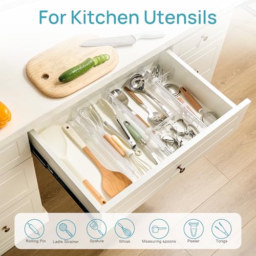 Vtopmart 2.36" Drawer Dividers with Expandable Inserts, 12.8"-22.3", 8 Pack | Adjustable Kitchen Drawer Organizer, Clear Organizer Separator for Flatware, Utensil, Cutlery, 8 Dividers with 14 Inserts - size: Short-2.36" with Inserts