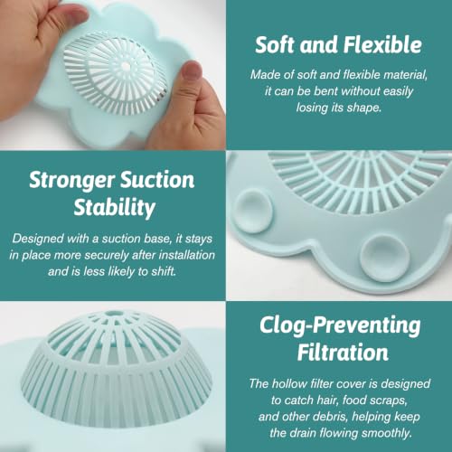 6 Pack Green Silicone Hair Catcher Shower Drain Covers with Suction Cups, Hair Stopper for Bathroom, Bathtub, and Kitchen Drains
