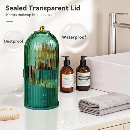 Makeup Brush Holder 360° Rotating Countertop Organizer with Lid (Green) | Transparent Sealed Lid, Waterproof, 3 Compartments, 180° Side Pull Door, for Vanity Makeup Brushes & Bathroom Toothbrushes - color: Green