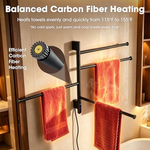 TRUSTMI 4-Swing Electric Towel Warmer with Timer, Matte Black | Rust-proof 304 SS warmer with carbon fiber heat, LED touch 24H timer, and 4 swing arms. Keeps bathroom towels dry - color: Matte Black