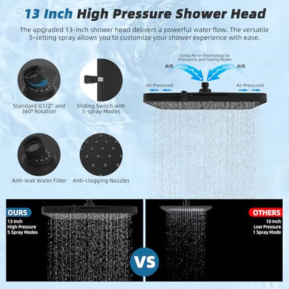 Hibbent 13'' Rain Shower Head with 12'' Shower Extension Arm, Matte Black | High Pressure 5 Modes Rainfall Shower Head with Solid Brass Adjustable Shower Arm Extender, Waterfall fixed Square Showerhead - color: Matte Black