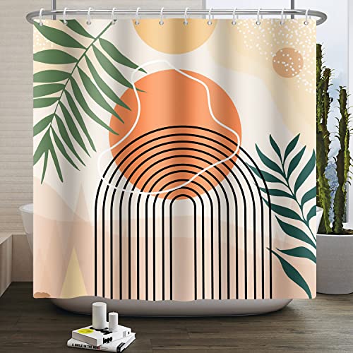 Boho Abstract Mid Century Shower Curtain Set - Geometric Leaves Neutral Modern - Green Plant Eucalyptus - Arch Sun Bathroom Curtain - 72x72 Inch - color: Boho Sun, size: 72"W x 72"L (Pack of 1)