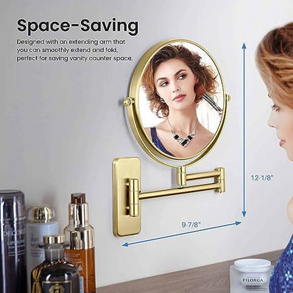 Circular Wall Mount Makeup Mirror, Dual-Sided 1x/5x Magnifying Mirror with Extendable Arm, 360° Swivel, Solid Brass Construction for Durability and Style (Brushed Gold, KMM100) - color: Gold