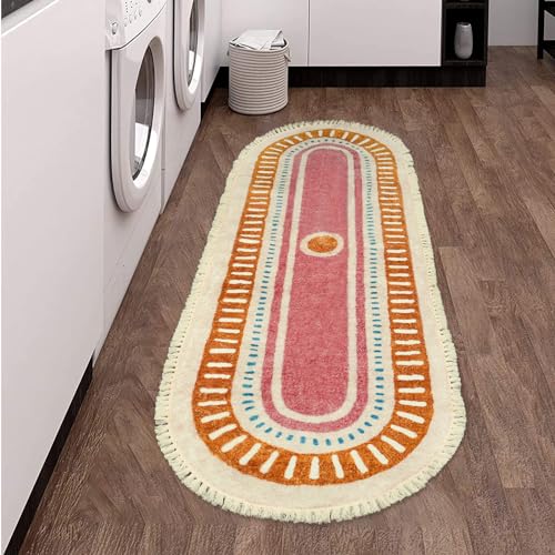 Lukinbox Boho Bathroom Runner Rugs with Fringes, 2x6 Oval Sun Washable Hallway Runner Rug, Extra Long Soft Non-Slip Rainbow Area Rug for Kitchen Laundry Room Entryway - size: 2' x 5'11" (Oval)