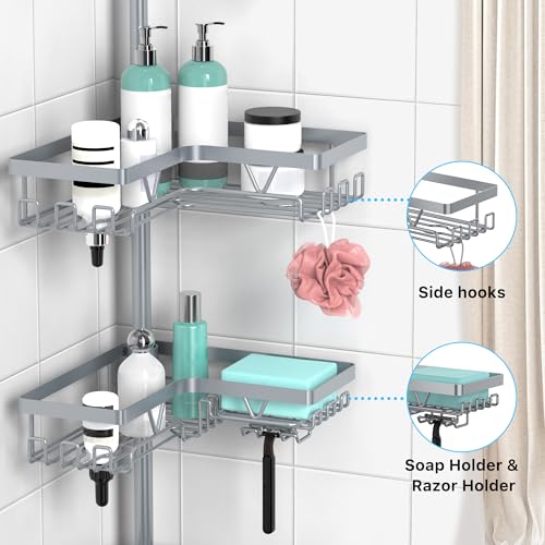 KEGII Shower Caddy Tension Pole, Bathtub Organizer, Light Gray | Adjustable 25-114.2 inch Pole with 28 Hooks, Rustproof Storage Solution for Renters and Modern Bathrooms - color: Light Gray