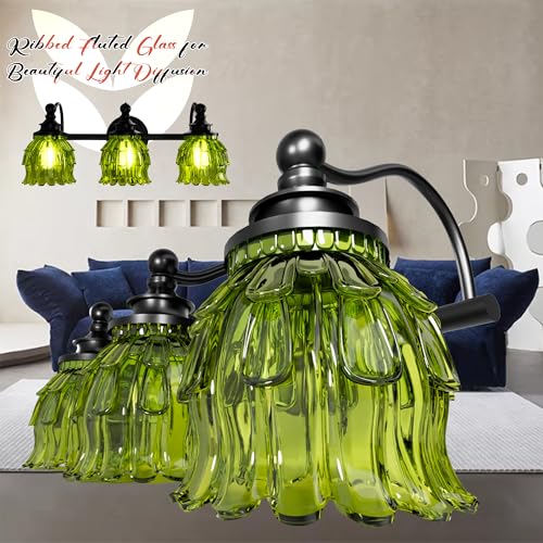 3-Light Bathroom Vanity Light Fixture Wall Mounted Mirror Front Lamp | with Water-Lily Shaped Green Crystal Glass Shade, Modern Black Antique Finish Lamp for Mirror Kitchen Living Room Hallway - size: 3-Light (Water-Lily Shaped)