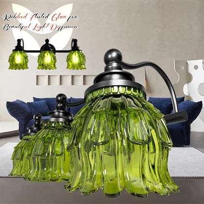 3-Light Bathroom Vanity Light Fixture Wall Mounted Mirror Front Lamp | with Water-Lily Shaped Green Crystal Glass Shade, Modern Black Antique Finish Lamp for Mirror Kitchen Living Room Hallway - size: 3-Light (Water-Lily Shaped)