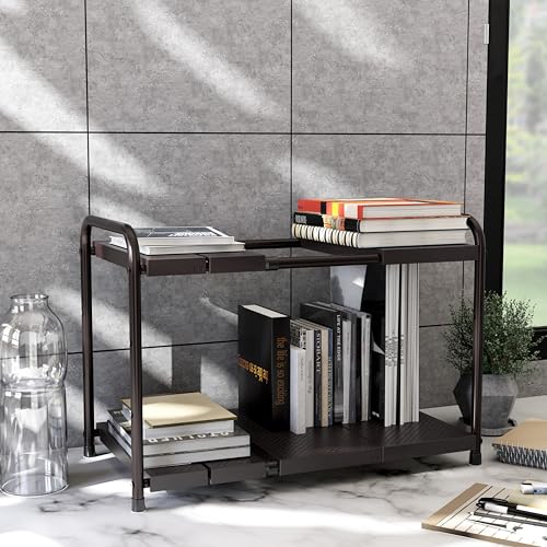 Simple Houseware Under Sink 2-Tier Heavy Duty Expandable Organizer, Bronze | Adjustable Width 15.75–25 Inches with 4 Shelf Height Levels - color: Bronze
