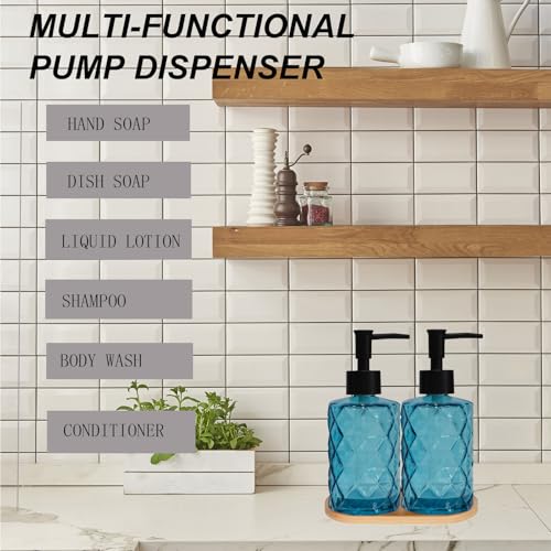 12oz Blue Glass Hand and Dish Soap Dispenser Set, Diamond Design, Set of 2 | Bathroom Soap Dispenser with Plastic Pumps, Bamboo Tray for Hand Wash & Dish Wash, for Bathroom Kitchen Countertop - color: Blue
