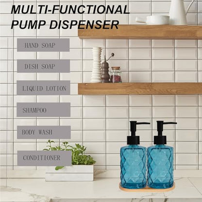 12oz Blue Glass Hand and Dish Soap Dispenser Set, Diamond Design, Set of 2 | Bathroom Soap Dispenser with Plastic Pumps, Bamboo Tray for Hand Wash & Dish Wash, for Bathroom Kitchen Countertop - color: Blue