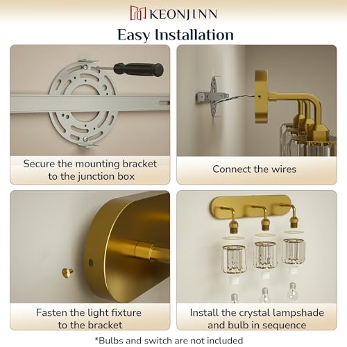 Keonjinn 3-Light Gold Bathroom Light Fixtures, Crystal Bathroom Vanity Lights Over Mirror, Gold Vanity Lighting Fixtures with Crystal Square Shades (E26 Base, Blub Not Included) - color: Gold, size: 3-Light