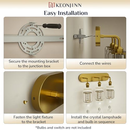 Keonjinn 3-Light Gold Bathroom Light Fixtures, Crystal Bathroom Vanity Lights Over Mirror, Gold Vanity Lighting Fixtures with Crystal Square Shades (E26 Base, Blub Not Included) - color: Gold, size: 3-Light